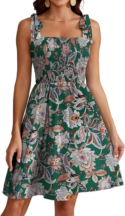 Lina Robe Été Femme – Robe Fleurie Col Carré Bretelles Taille Haute A-Line
