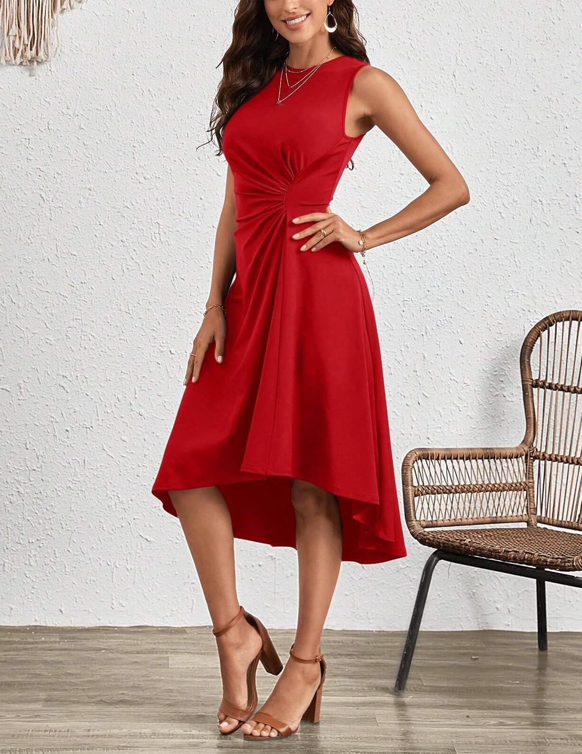 Robe Midi Femme en tissu léger, sans manches, coupe fluide – Menvelo