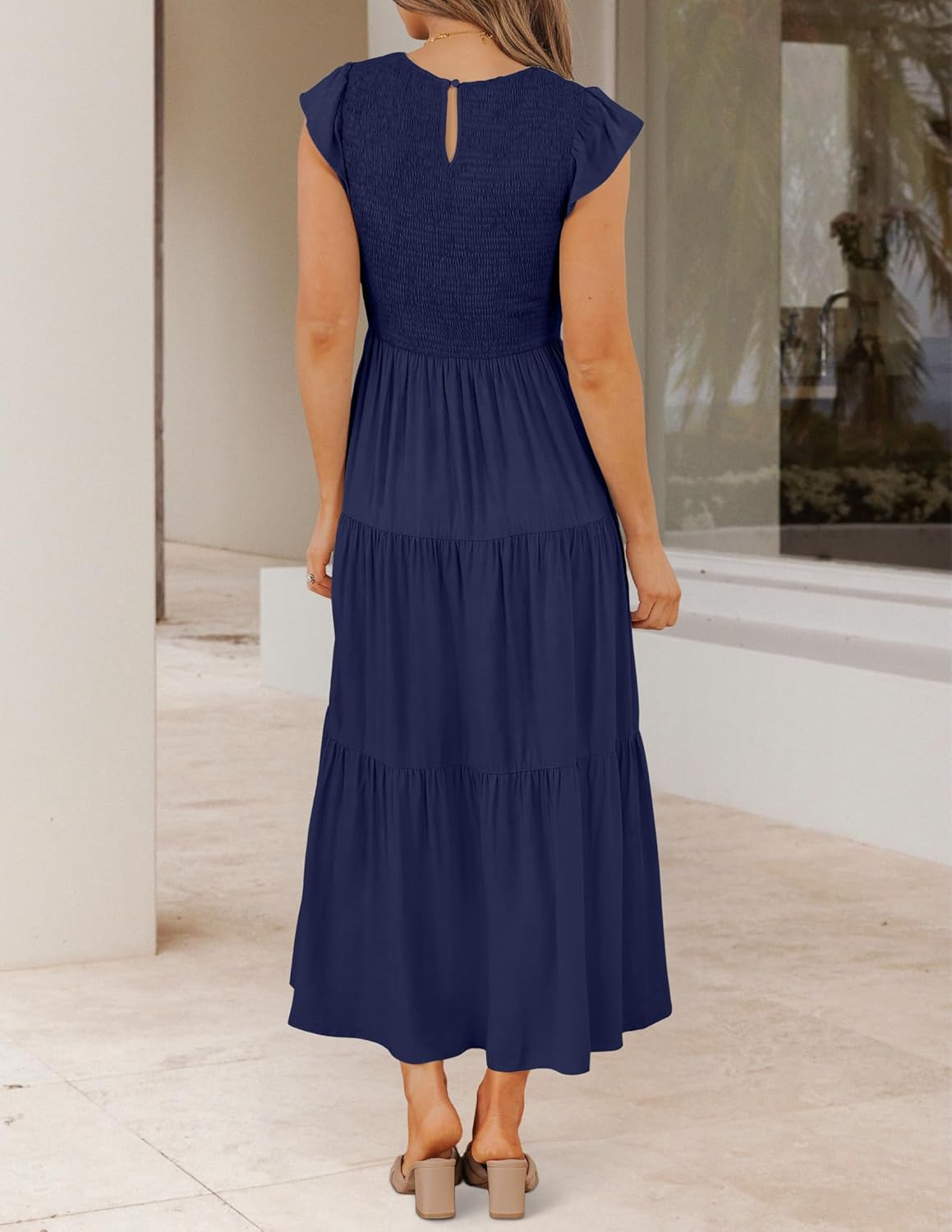 Robe Midi Femme en stretch, à volants, coupe fluide – Menvelo