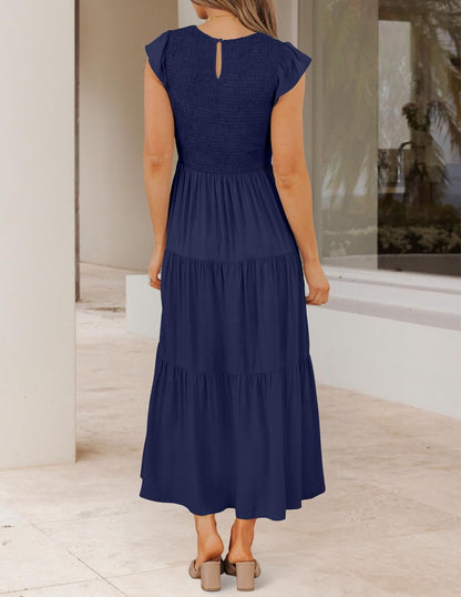 Robe Midi Femme en stretch, à volants, coupe fluide – Menvelo