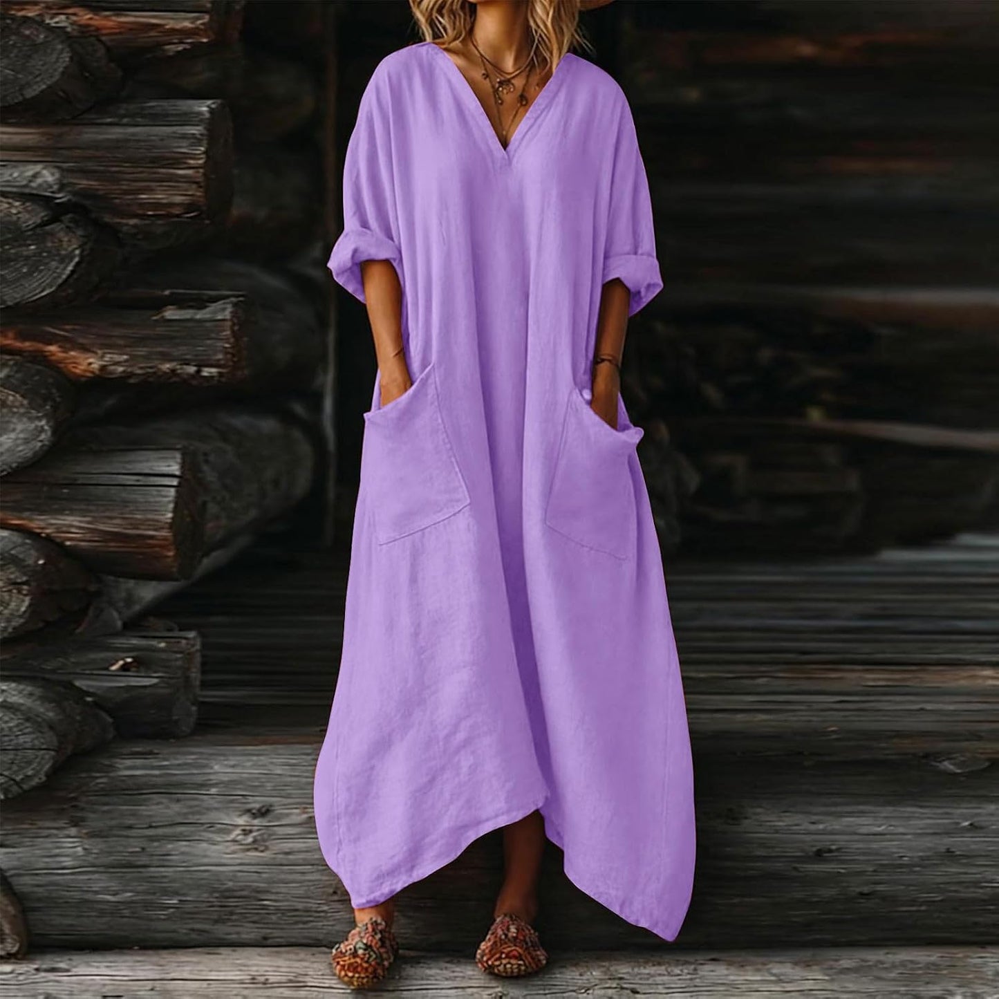 Mila Robe Femme – Robe Maxi Lin Col V Manches 3/4 Coupe A-Line Oversize Été