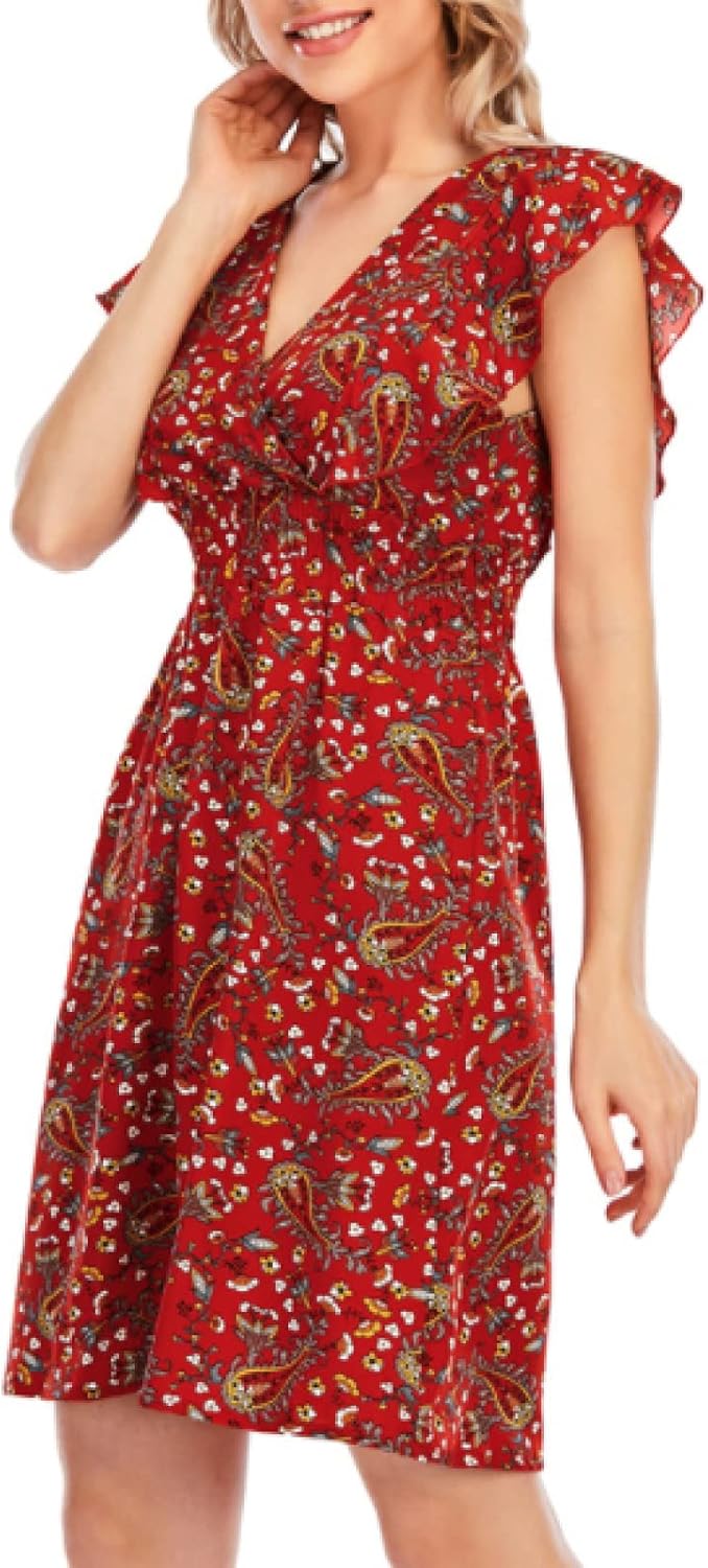 Chloé Robe Mini Femme – Robe Mousseline Fleurie Col V Volants Sans Manches