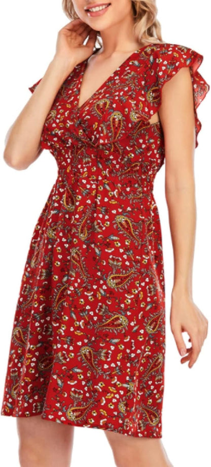 Chloé Robe Mini Femme – Robe Mousseline Fleurie Col V Volants Sans Manches