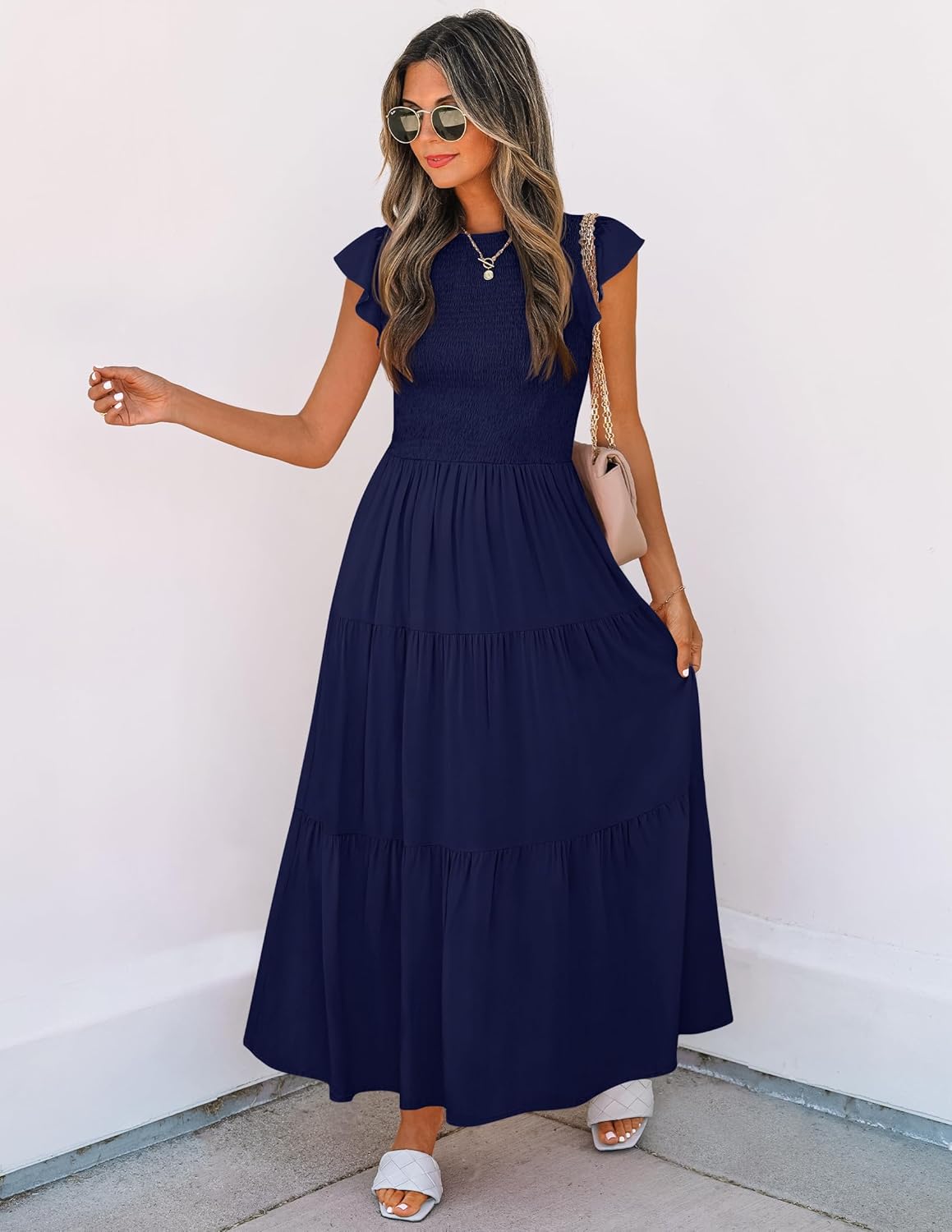 Robe Midi Femme en stretch, à volants, coupe fluide – Menvelo