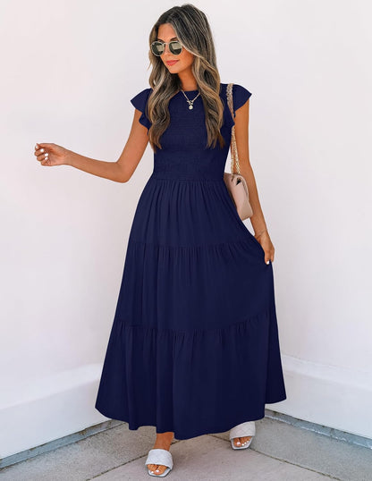 Robe Midi Femme en stretch, à volants, coupe fluide – Menvelo