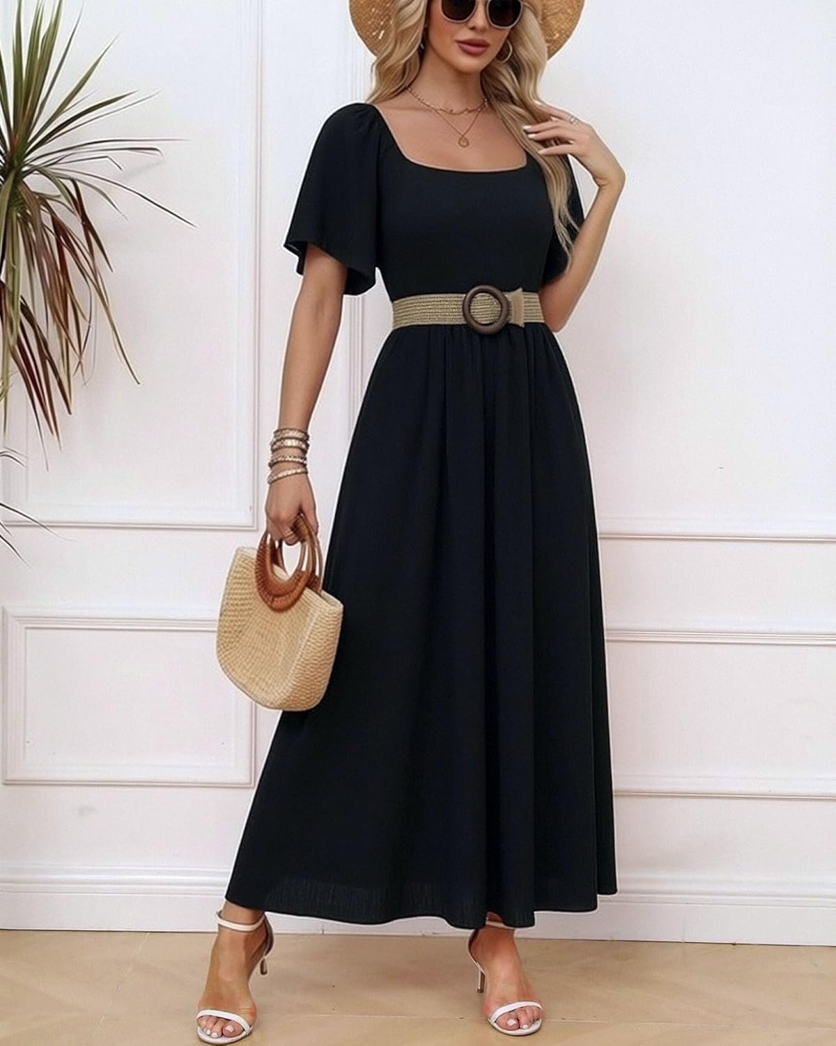 Patricia Robe Femme Maxi – Col Carré, Coupe A-Line Fluide, Manches Chauve-Souris Été