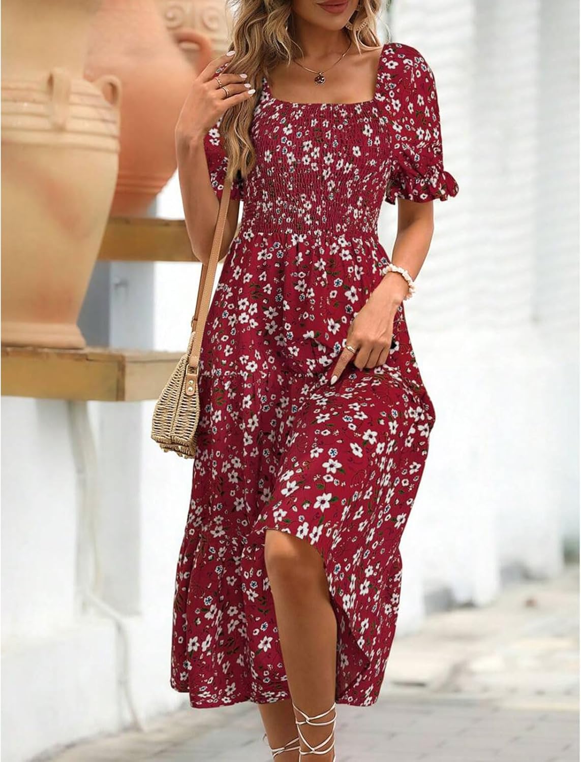 Robe Midi Femme en tissu léger, manches bouffantes, coupe confortable – Menvelo