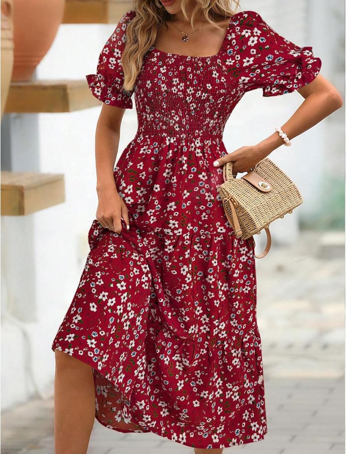 Robe Midi Femme en tissu léger, manches bouffantes, coupe confortable – Menvelo
