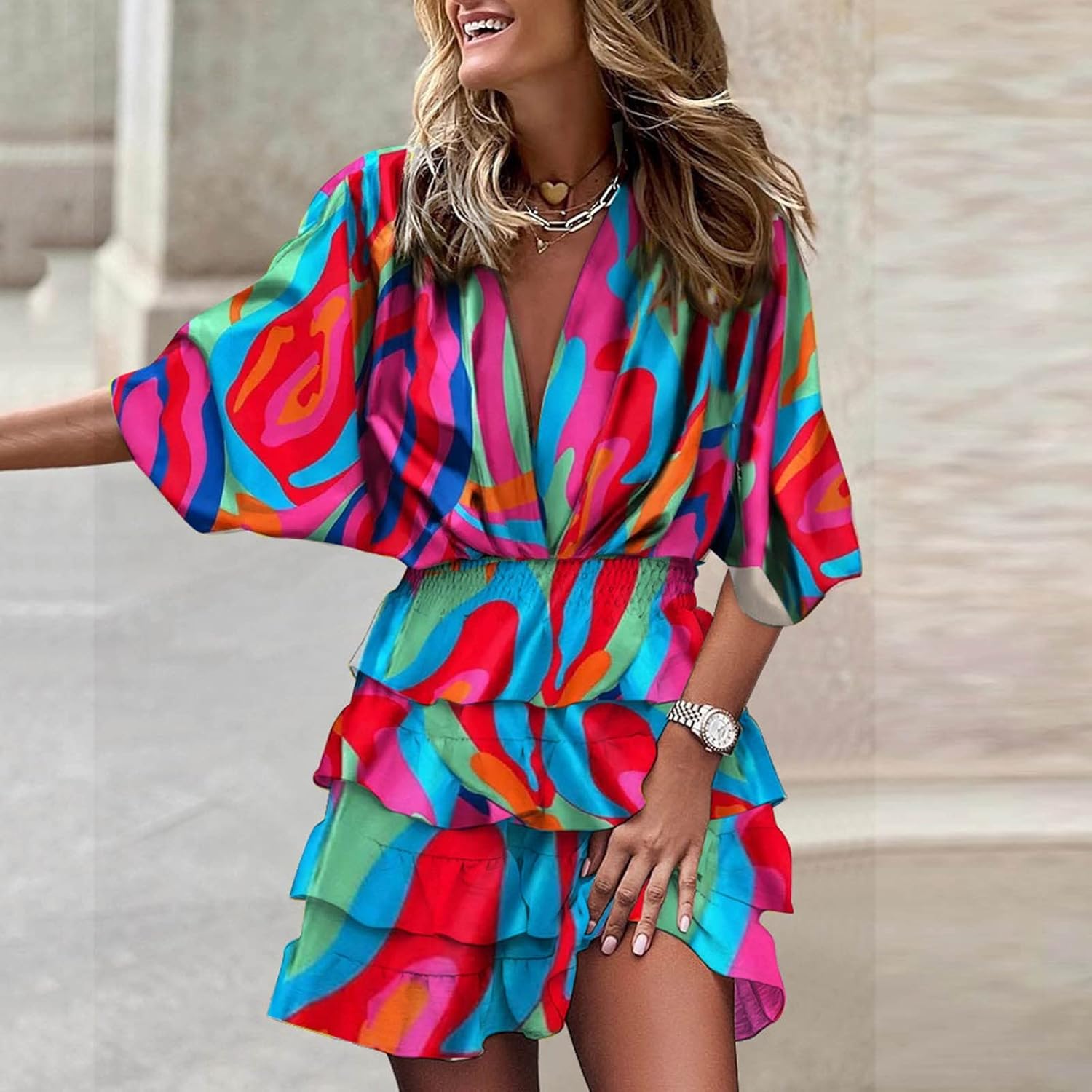 Robe Mini Femme en stretch, col V, coupe fluide – Menvelo