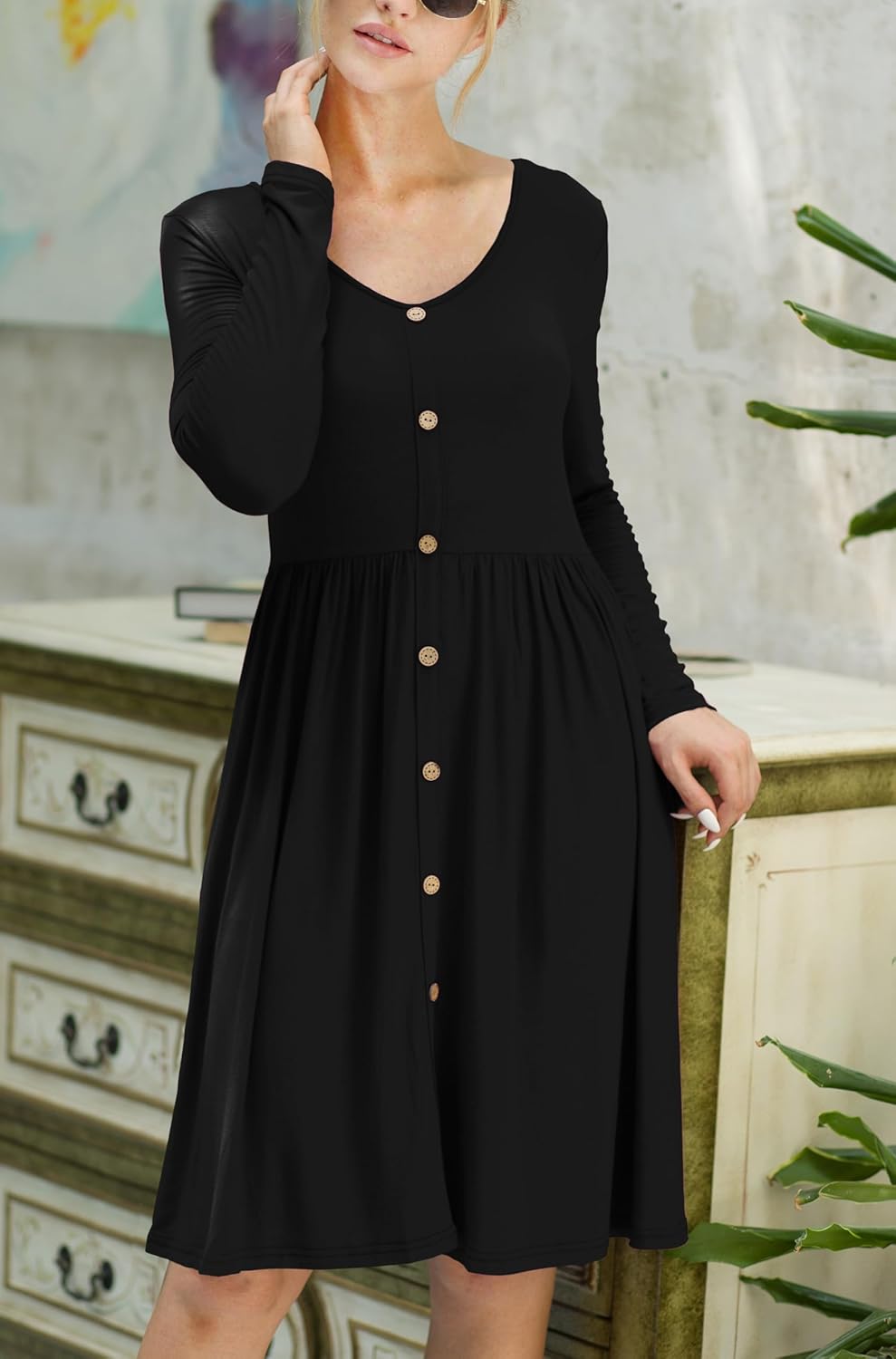 Robe Midi Femme en tissu léger, manches longues, coupe fluide – Menvelo