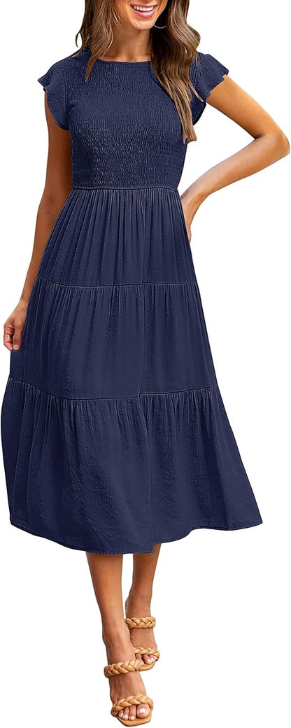 Robe Midi Femme en tissu léger, à volants, coupe fluide – Menvelo