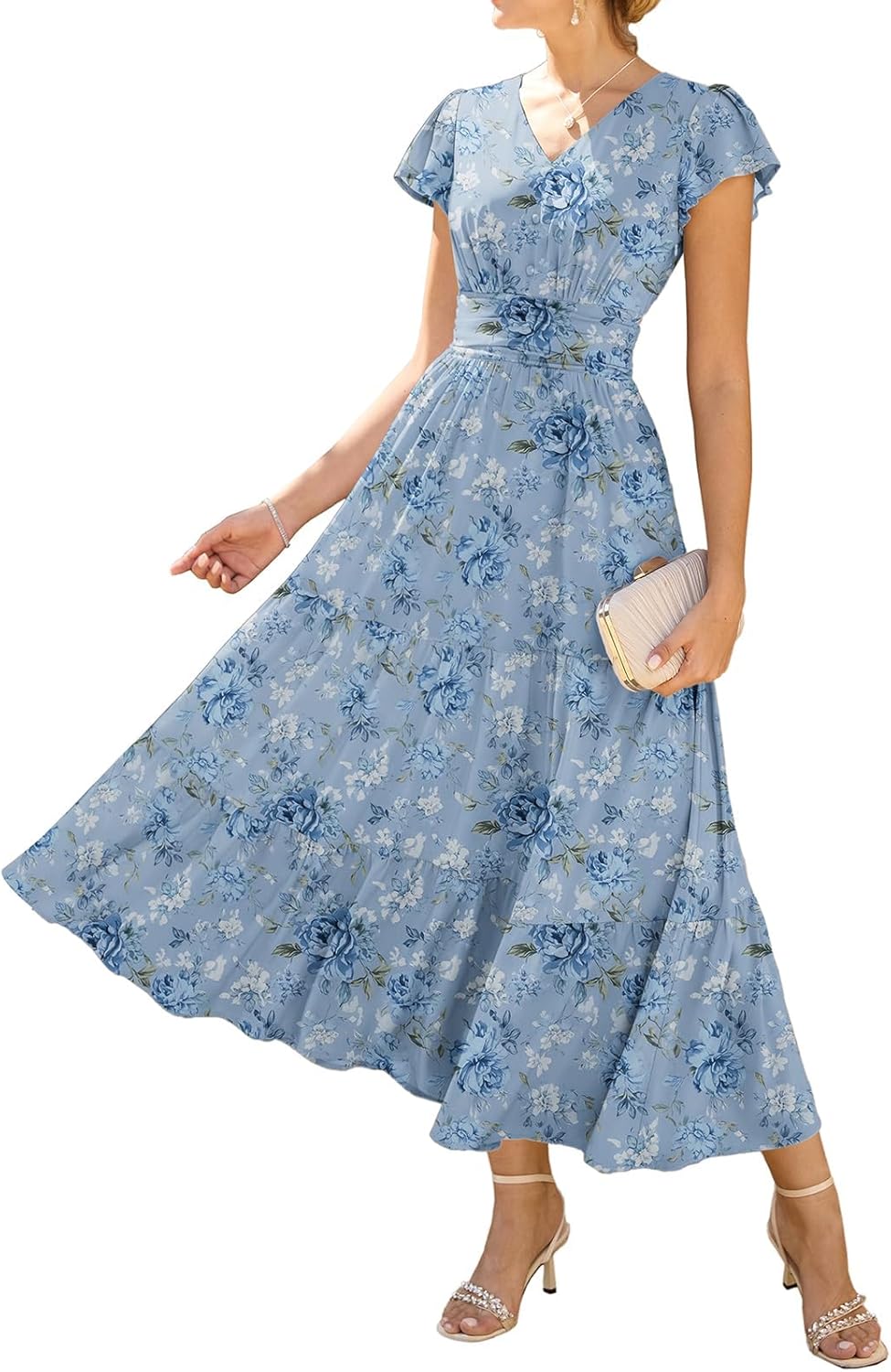 Robe Midi Femme en tissu léger, col V, coupe fluide – Menvelo