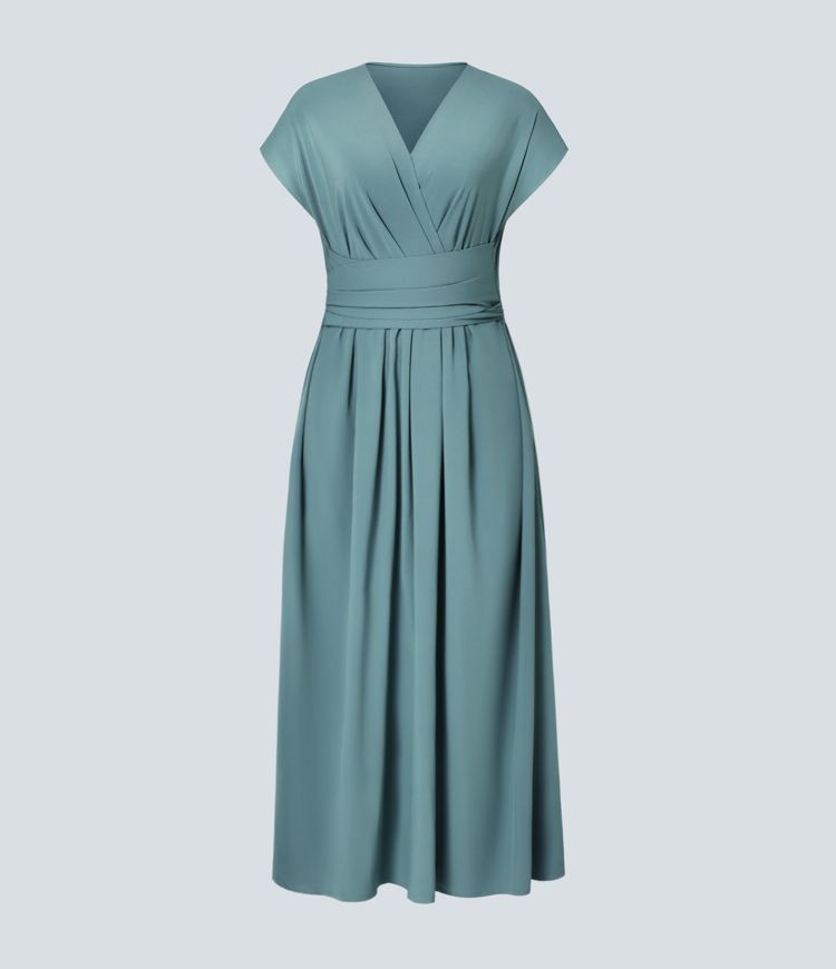 Robe Midi Légère à Col V pour Femme – Taille Élastique Coupe Évasée