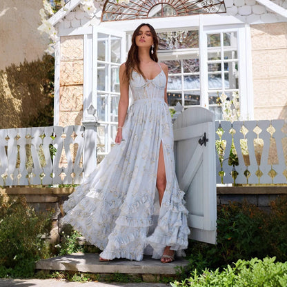 Robe Longue Femme Fleurie en Mousseline – Coupe A-Line Style Bretelles