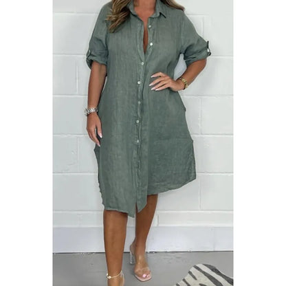 Robe Midi Femme en Coton-Lin – Coupe Décontractée Boutonnée