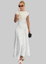 Robe Longue Femme à Pois – Col Haut Manches Courtes Coupe A-Line
