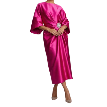 Robe Femme Midi Satinée – Manches Chauve-Souris & Drapé Bijou à la Taille