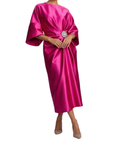 Robe Femme Midi Satinée – Manches Chauve-Souris & Drapé Bijou à la Taille