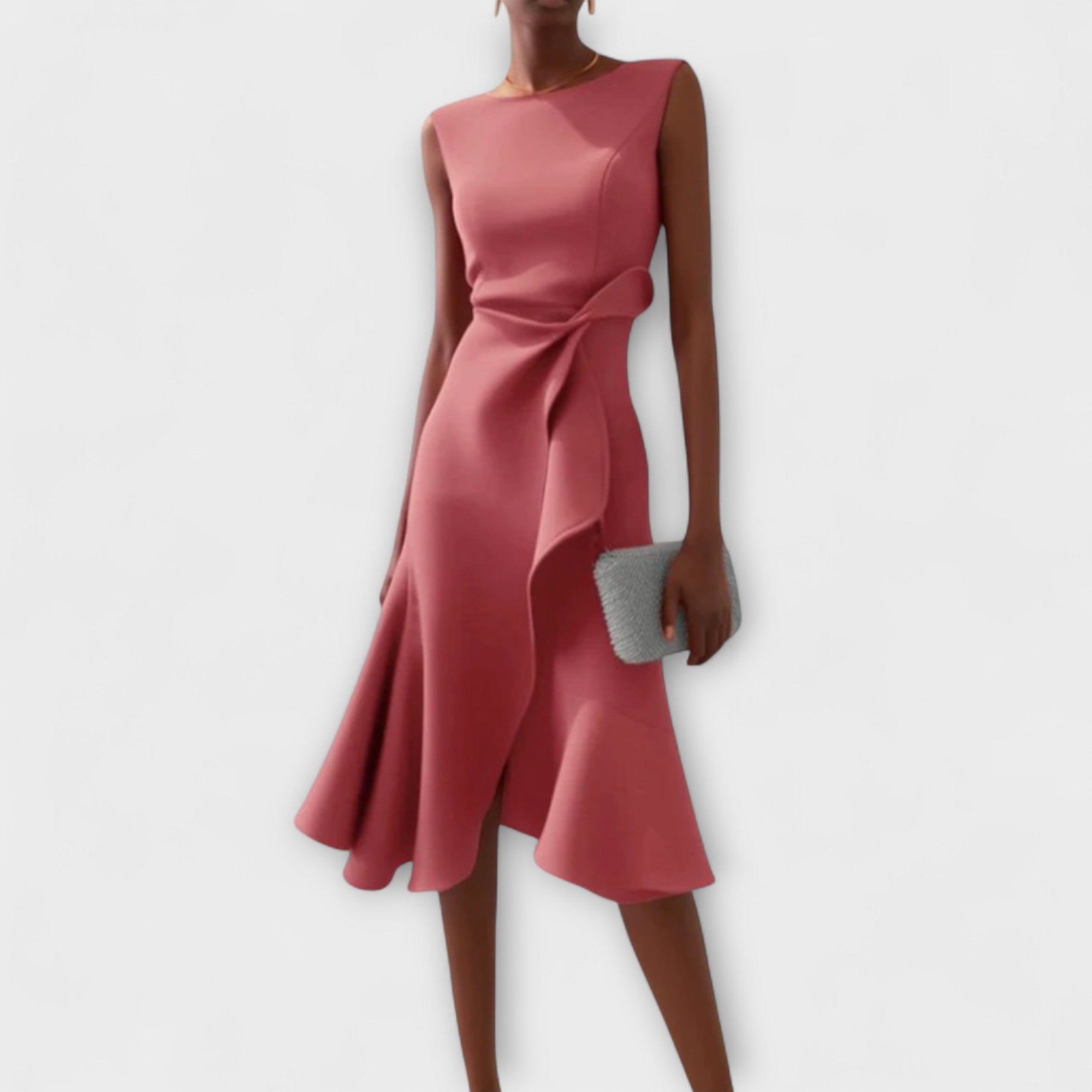 Robe Midi Structurée Sans Manches pour Femme – Col Rond Ourlet Évasé Ajusté