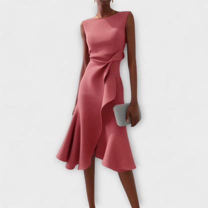 Robe Midi Structurée Sans Manches pour Femme – Col Rond Ourlet Évasé Ajusté