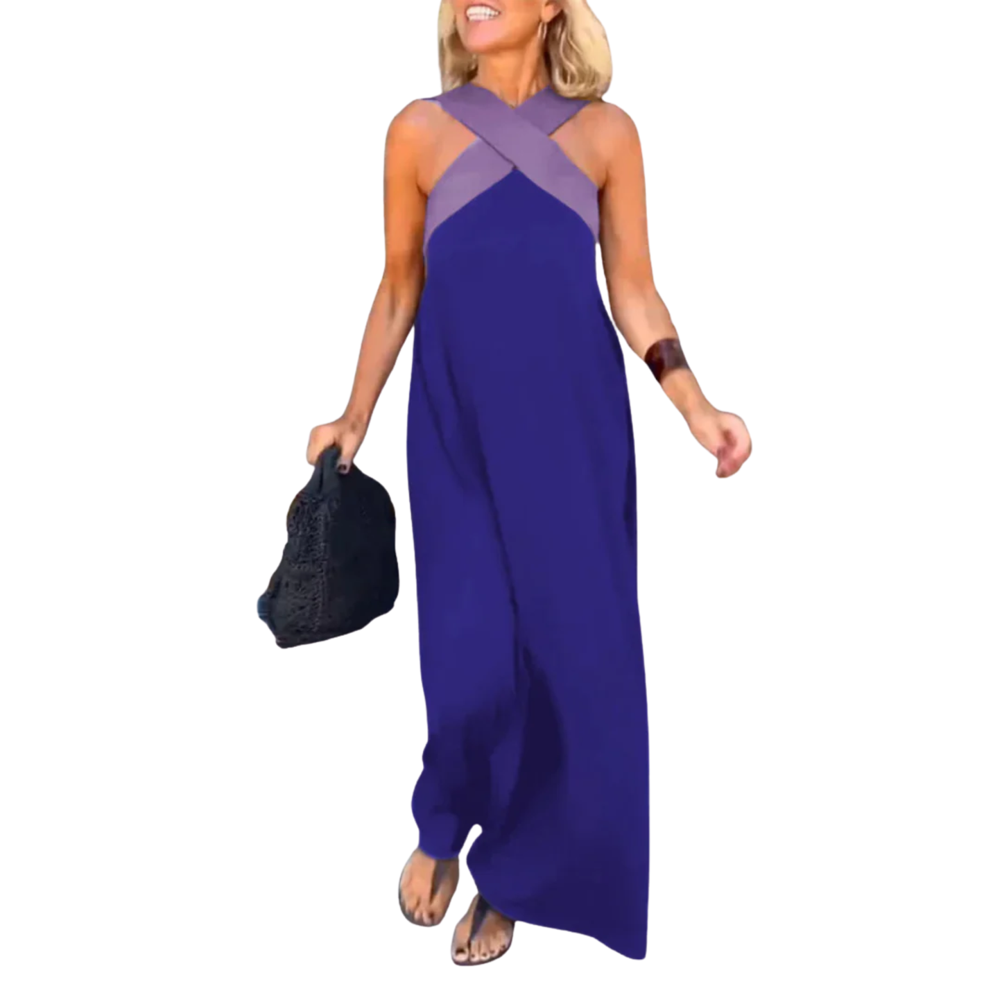 Robe Longue Femme – Encolure Halter Croisée et Silhouette Fluide