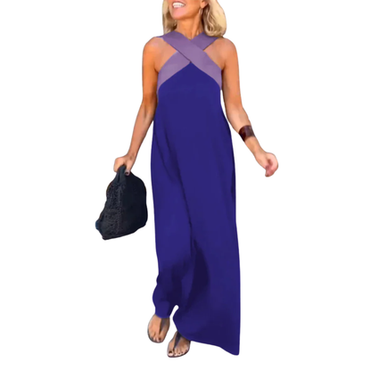 Robe Longue Femme – Encolure Halter Croisée et Silhouette Fluide