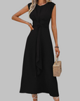 Robe Femme Mi-Longue Sans Manches – Col Rond et Ceinture Nouée