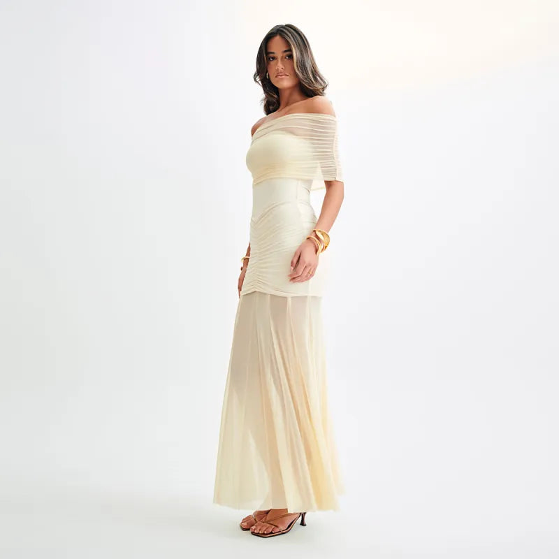 Robe Maxi Femme Épaules Dénudées – Froncée et Voile Transparent