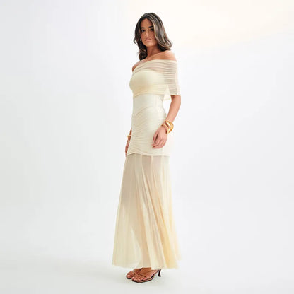 Robe Maxi Femme Épaules Dénudées – Froncée et Voile Transparent