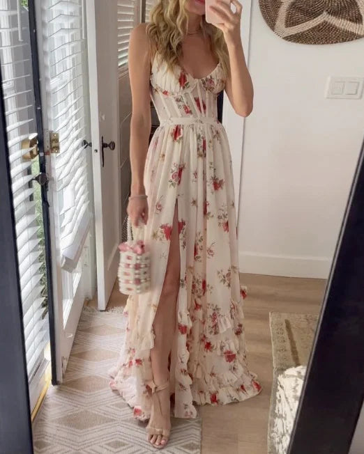 Robe Maxi Fleurie Femme à Lacets – Coupe Ajustée Fente Latérale