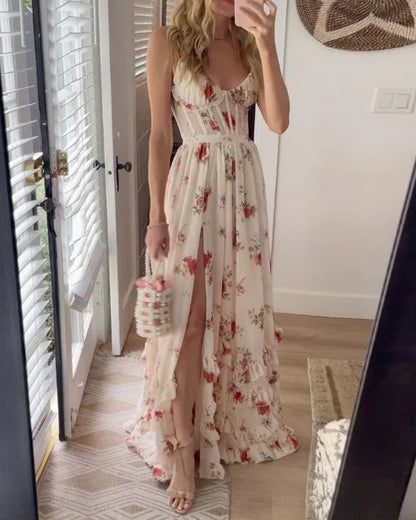 Robe Maxi Fleurie Femme à Lacets – Coupe Ajustée Fente Latérale