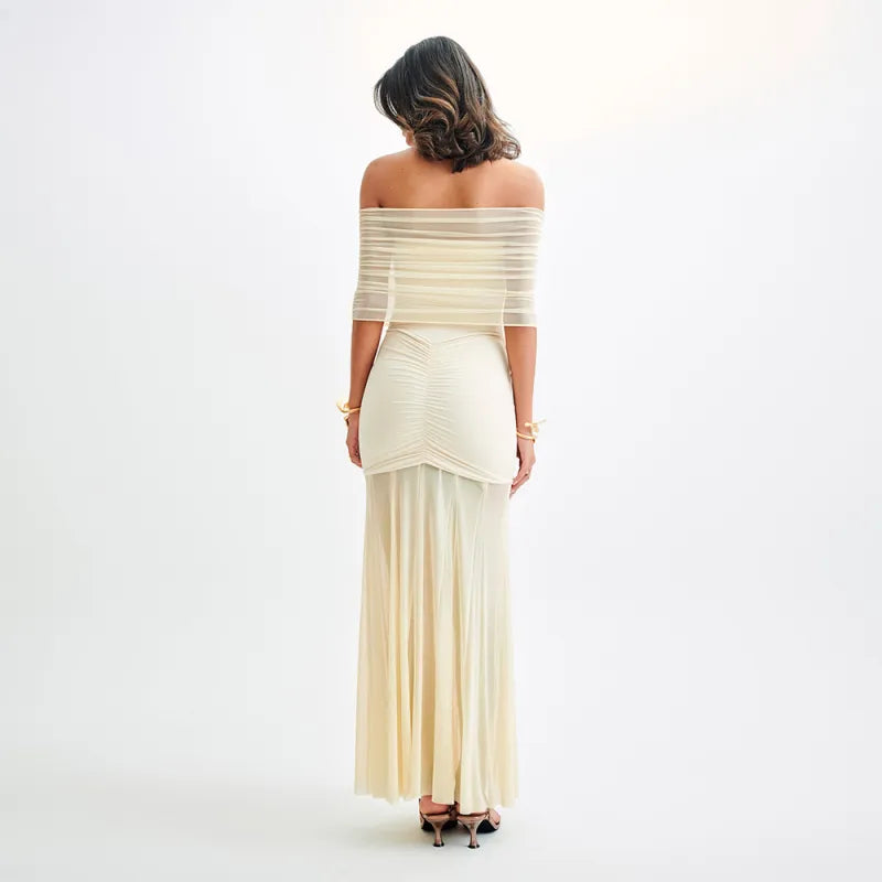 Robe Maxi Femme Épaules Dénudées – Froncée et Voile Transparent