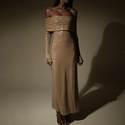 Robe Longue Femme Pailletée – Coupe Moulante Épaules Dénudées