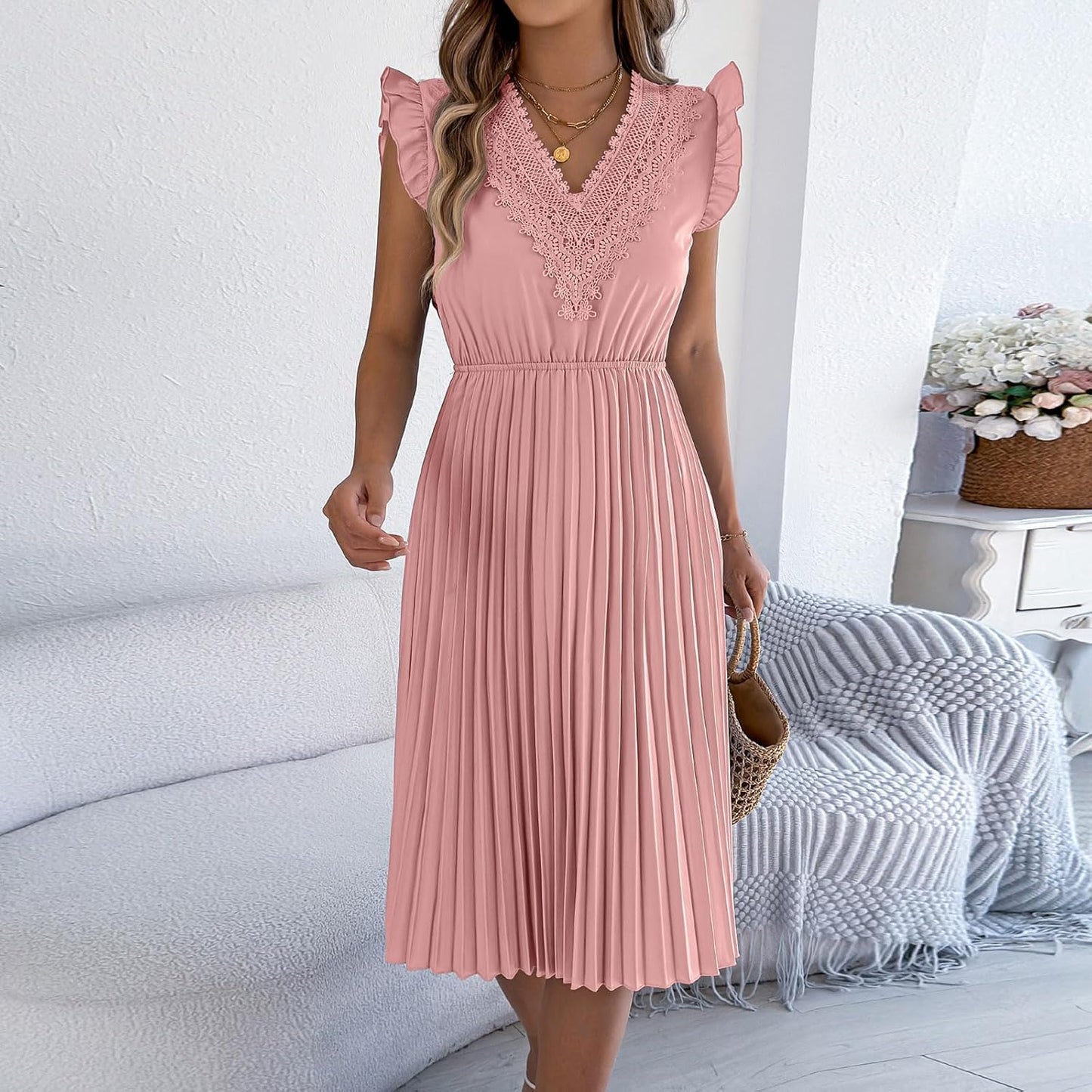Robe Midi Femme en tissu léger, dos nu, coupe fluide – Menvelo