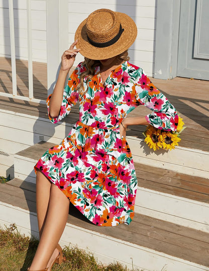 Élodie Robe Femme à Col V – Robe Midi Évasée à Volants avec Poches