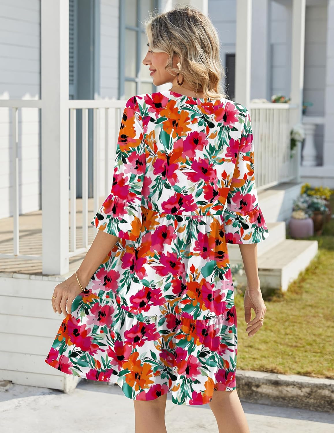 Élodie Robe Femme à Col V – Robe Midi Évasée à Volants avec Poches