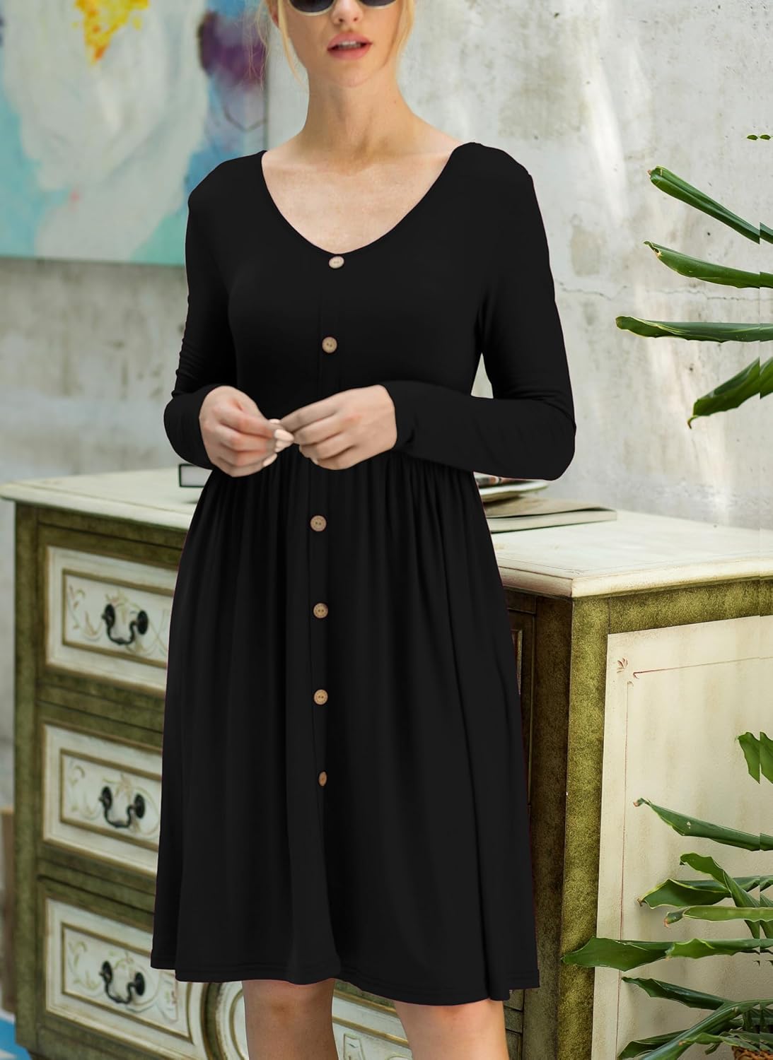 Robe Midi Femme en tissu léger, manches longues, coupe fluide – Menvelo