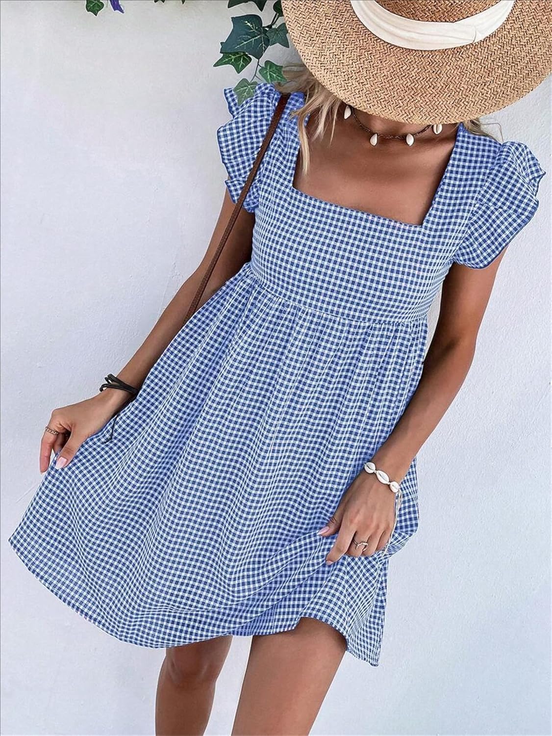 Lily Robe Femme – Robe Midi Carreaux Col Carré Smockée Volants A-Line Été