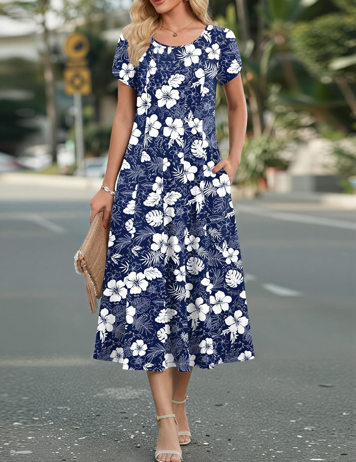 Robe Midi Femme en tissu léger, manches bouffantes, coupe fluide – Menvelo