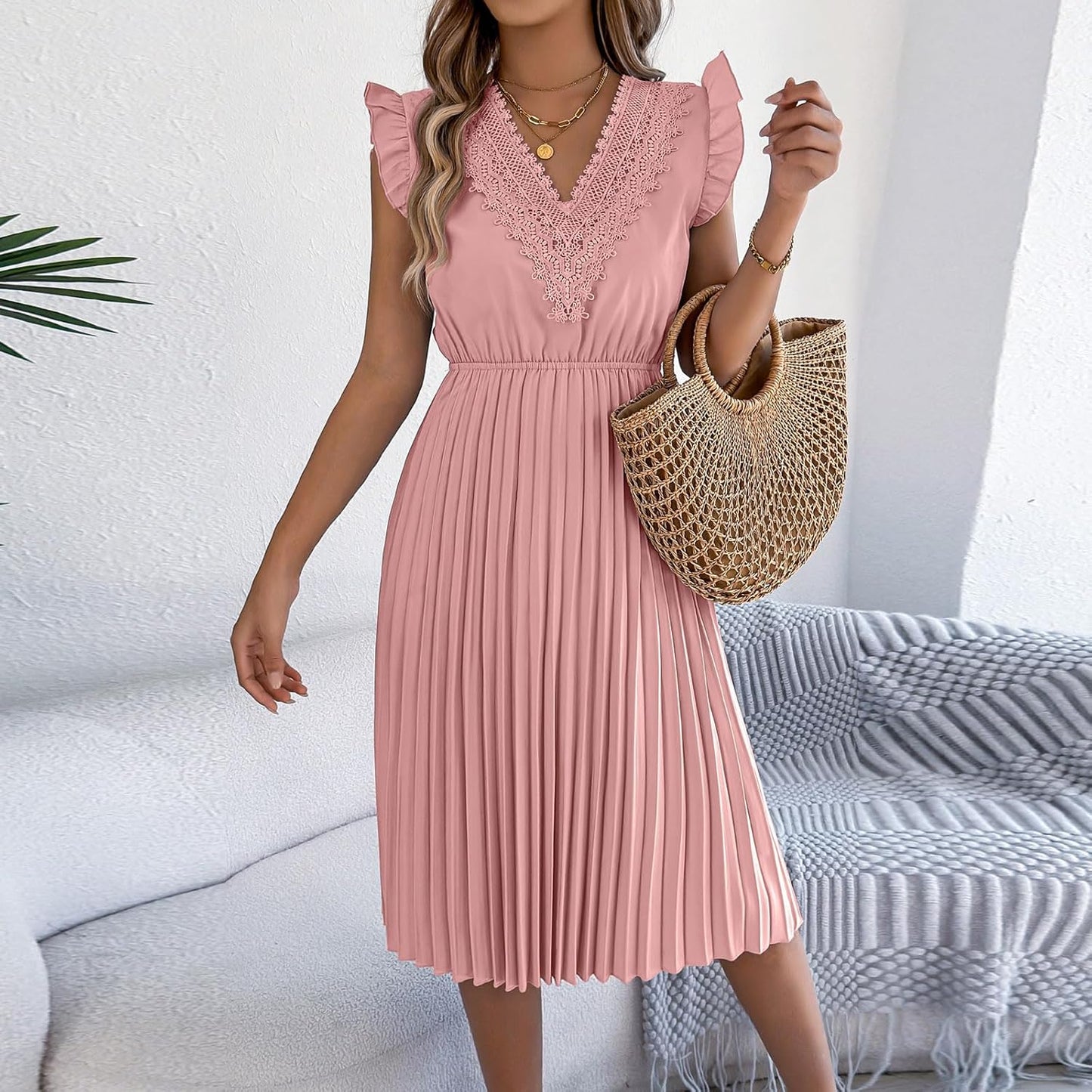 Robe Midi Femme en tissu léger, dos nu, coupe fluide – Menvelo