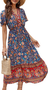 Menvelo Robe Midi Femme Col V À Volants
