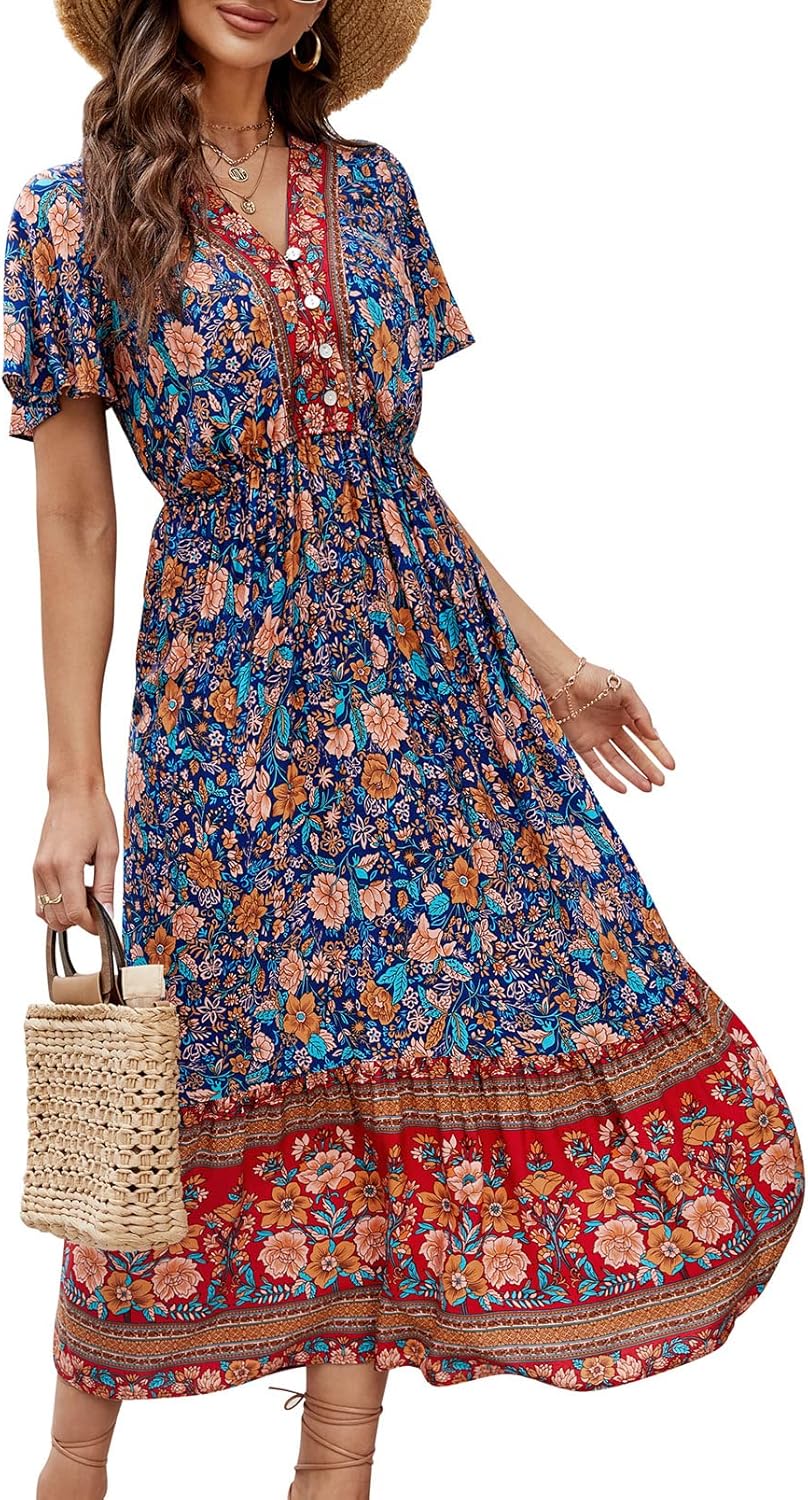 Robe Midi Femme en tissu léger, col V, coupe confortable – Menvelo