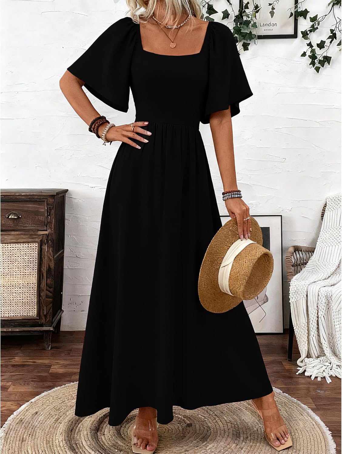 Patricia Robe Femme Maxi – Col Carré, Coupe A-Line Fluide, Manches Chauve-Souris Été