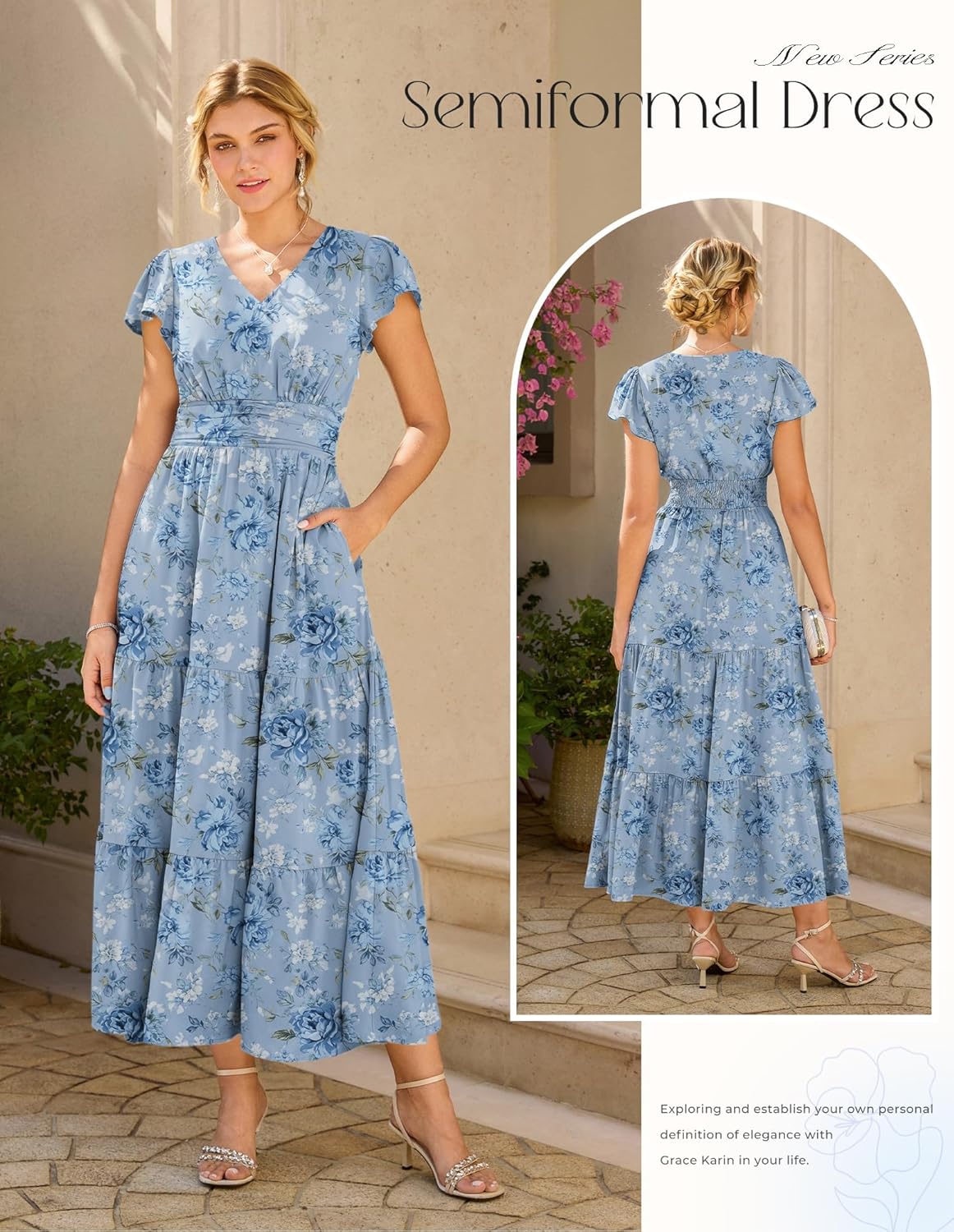Robe Midi Femme en tissu léger, col V, coupe fluide – Menvelo