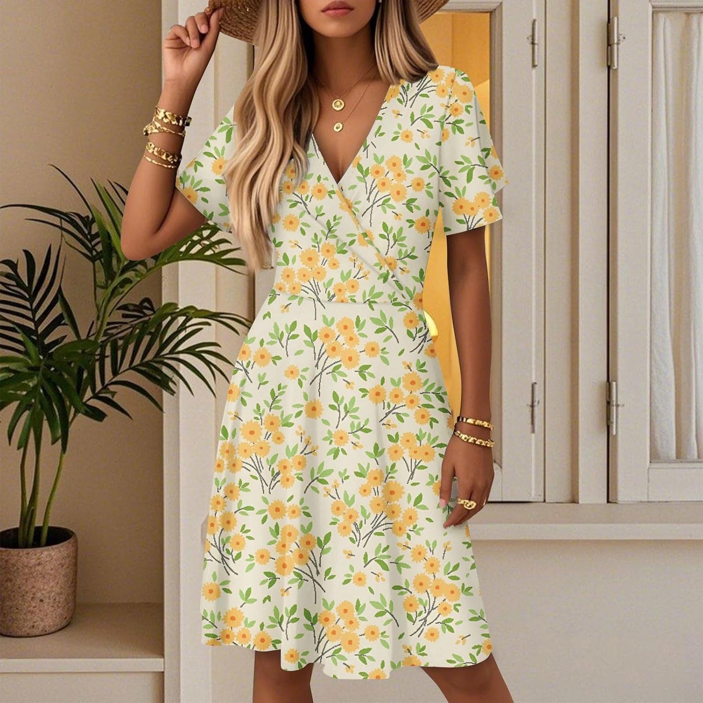 Robe Midi Femme en tissu léger, col V, coupe fluide – Menvelo