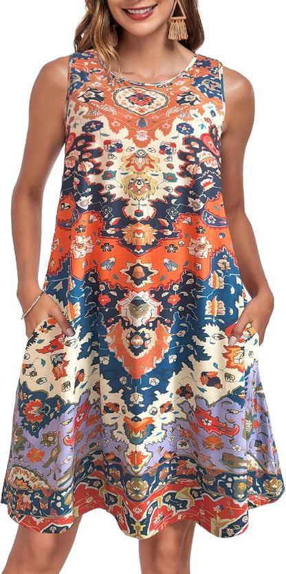 Léna Robe Été Femme – Robe A-Line Bretelles Col V Avec Poches Mi-Longue