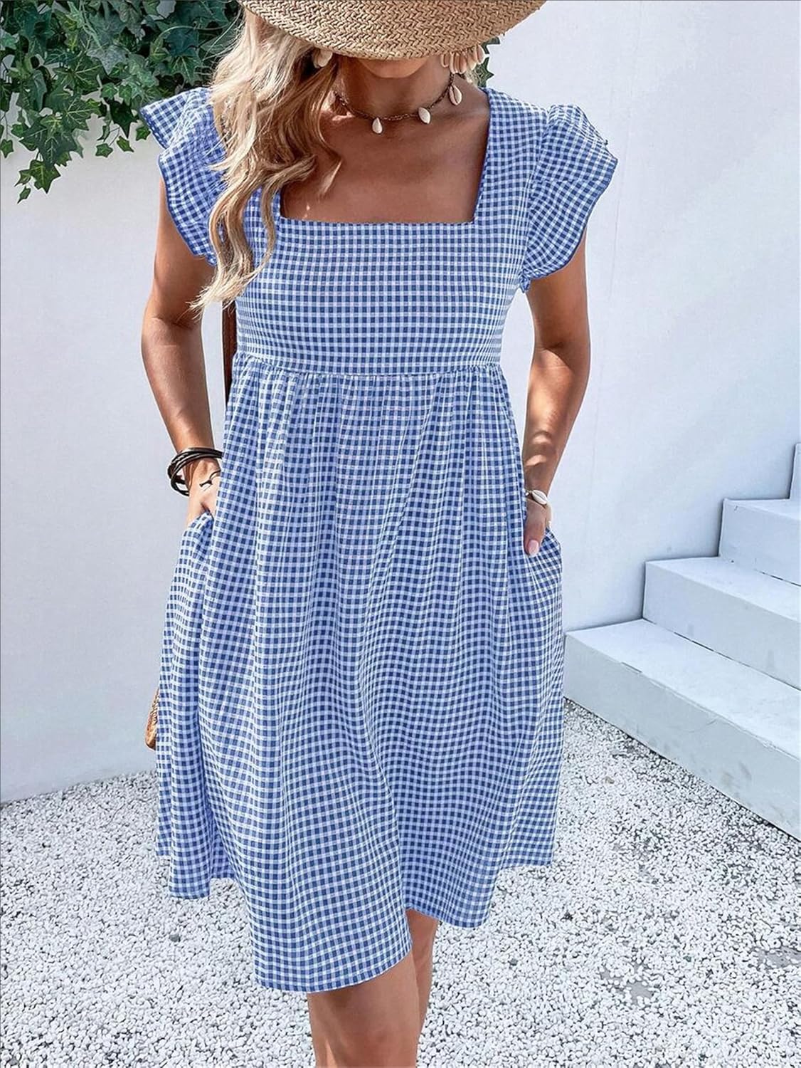 Lily Robe Femme – Robe Midi Carreaux Col Carré Smockée Volants A-Line Été