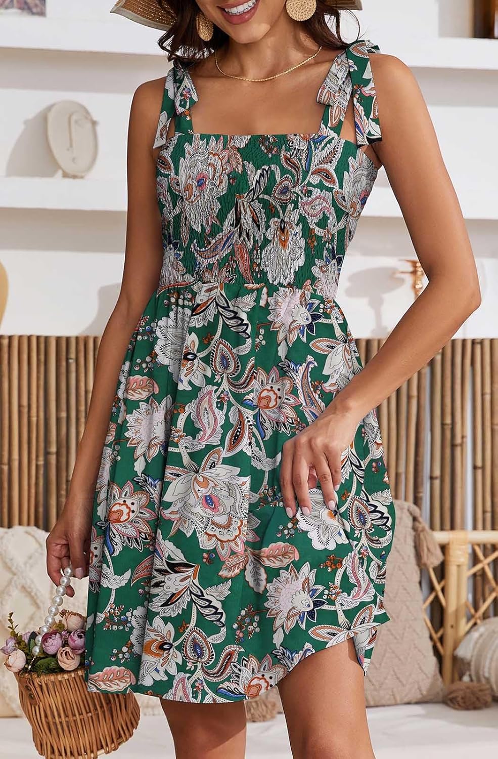 Lina Robe Été Femme – Robe Fleurie Col Carré Bretelles Taille Haute A-Line