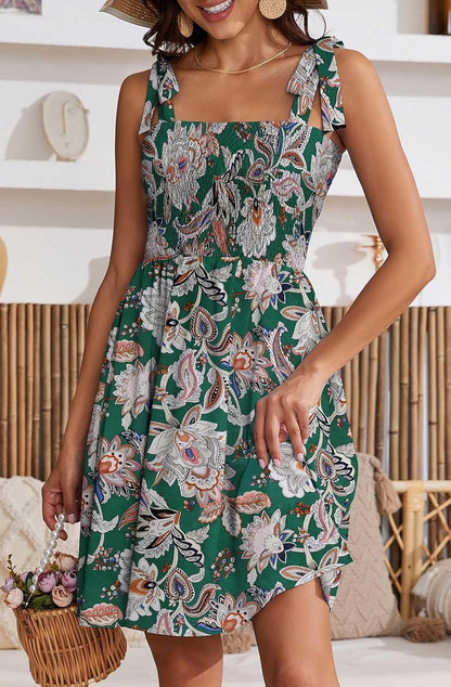 Lina Robe Été Femme – Robe Fleurie Col Carré Bretelles Taille Haute A-Line