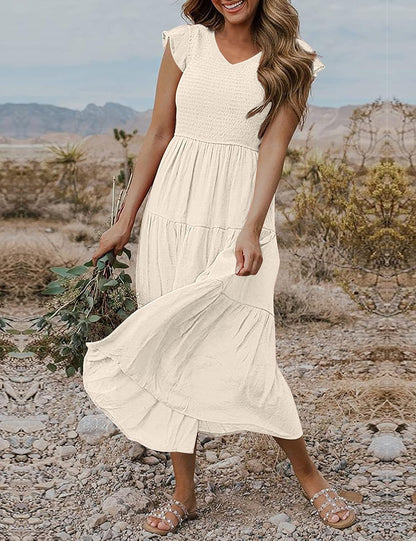Robe Midi Femme en stretch, col V, coupe fluide – Menvelo